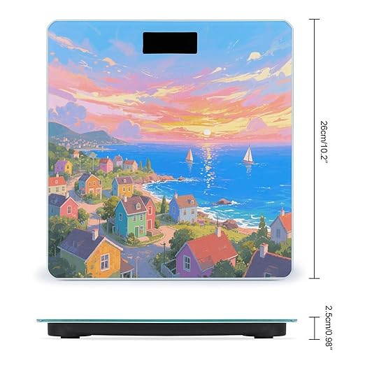 Seaside Town Weight Scale Cute Bathroom Scale for Body Highly Accurate Digital Weighing Machine for People Compact LCD Display Scales with Sturdy Toughened Glass Scales