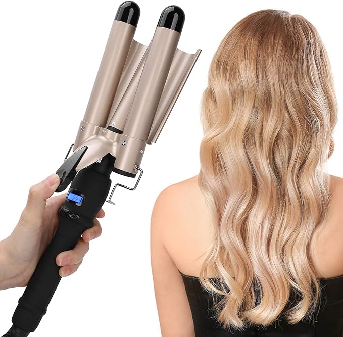 Three Barrel Curling Iron 30 Seconds Hair Waver Waving Styling Hair Curling Iron Gold 3 Barrel Hair Waver Compatiable for Thick and Hard Hair (US32mm)