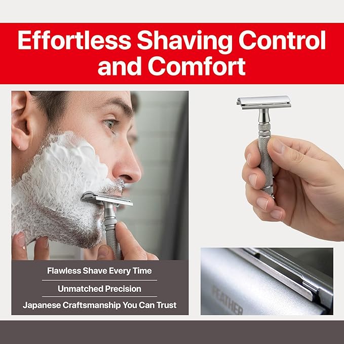 Feather - All Stainless Steel Double Edge Safety Razor AS-D2 - Luxurious Single Blade Razor for Men with Heavy Weight Handle - Built for Closer Shave - Includes 5 Hi-Stainless Blades - Made in Japan