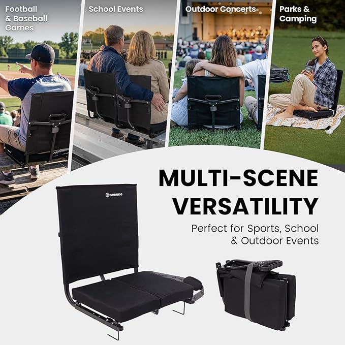 FUNDANGO Extra Wide Stadium Seats with Back Support for Adults Padded Bleacher Chairs with Back and Cushion Folding Bleacher Seats with Shoulder Strap for Football Baseball Sports