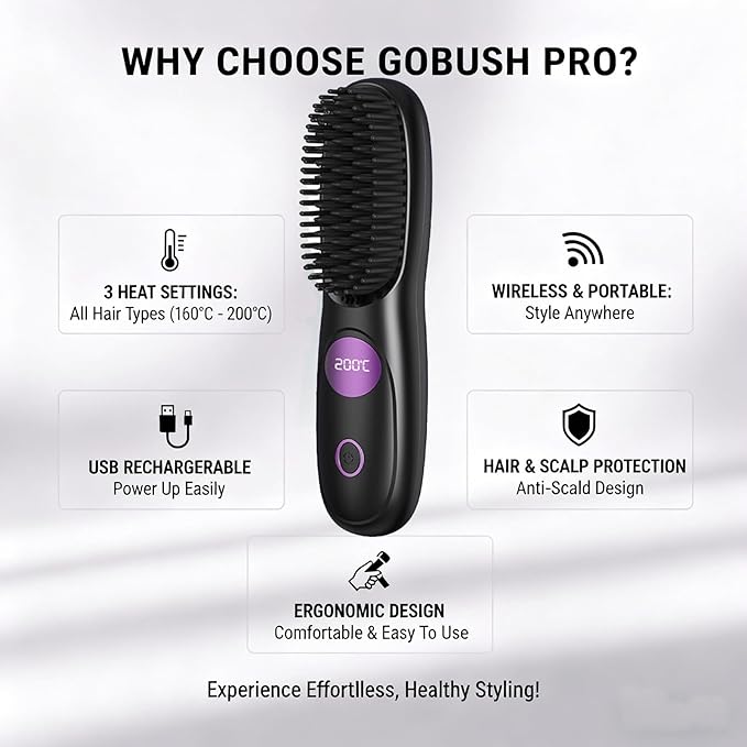 Go Brush Pro Gobrush Pro Portable Straightener Brush Cordless Hair Straightener Brush for Short Hair 3 Adjustable Temperature LED Display Upgraded Fast Heating Hairs Comb for Women Travel (Black)