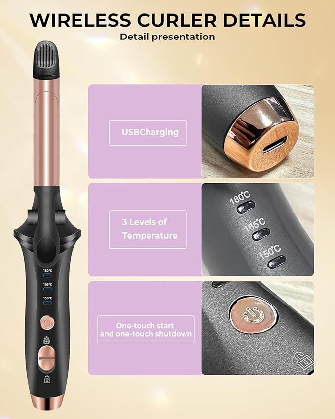 Cordless Curling Iron RechargeableUSB Rechargeable 4000 mAh Cordless Hair Curler3 Temp Setting Mini Travel Battery Powered Curling Iron2 in 1 Portable Hair Straightener and Curler