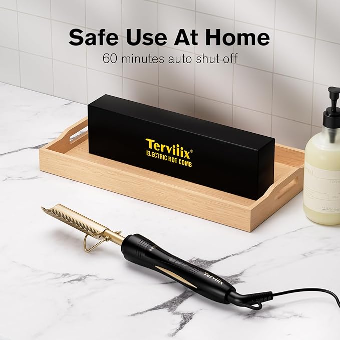 Terviiix Hot Comb for Lace Front Wigs Curved Teeth Pressing Combs for Black Women Hair Anti-Scald Straightening Comb Electric Heat Comb Temperature Adjustable 60 Min Auto Shut Off