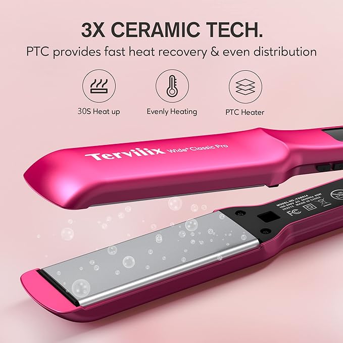 Terviiix Ceramic Hair Straightener 1-1/2 Inch Wide Flat Iron for Hair Professional Straightening Irons with Adjustable Temp 30s Instant Heating Get Silky Smooth Hair Dual Voltage Auto Off Pink