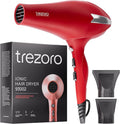 TREZORO Professional Hair Dryer Ionic Ceramic Tourmaline Technology 2000W Fast Quiet Drying with Narrow &amp Wide Concentrator Nozzles 3 Heat &amp 2 Speed Settings Cool Shot Button Red