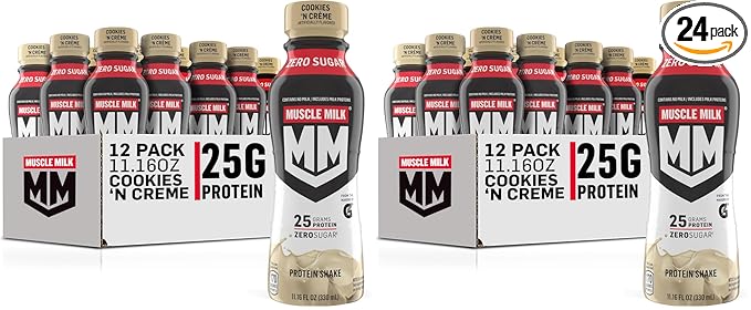 Muscle Milk Genuine Protein ShakeCookies and Creme11.16 Fl Oz Bottle25g ProteinZero SugarCalciumVitamins AC &amp D4g FiberEnergizing SnackWorkout RecoveryPackaging May Vary(Pack of 24)