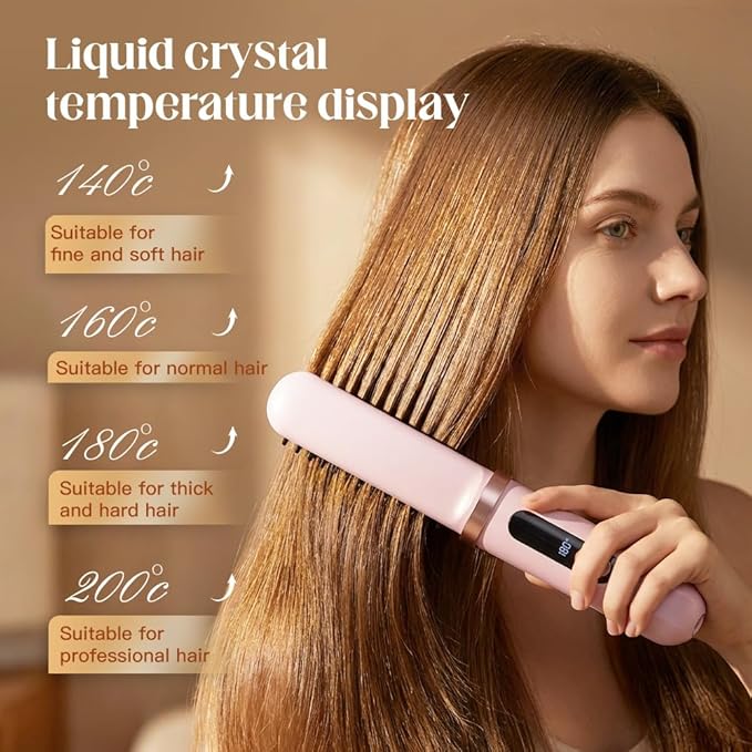 2026 New Hair Straightener Brush Cordless Hair Straightener Brush for Short Hair Mini Portable Straightening Hair Comb with 4 LCD Temperature Display Fast Heating for Women Travel Essential (Green)