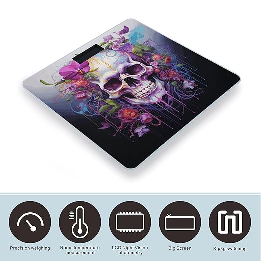 Flowers and Skulls Scale for Body Weight Precision Bathroom Weighing Scales with Back Lit LCD Display Sturdy Tempered Glass Body Weight Scales Digital Bathroom Scale 400lb