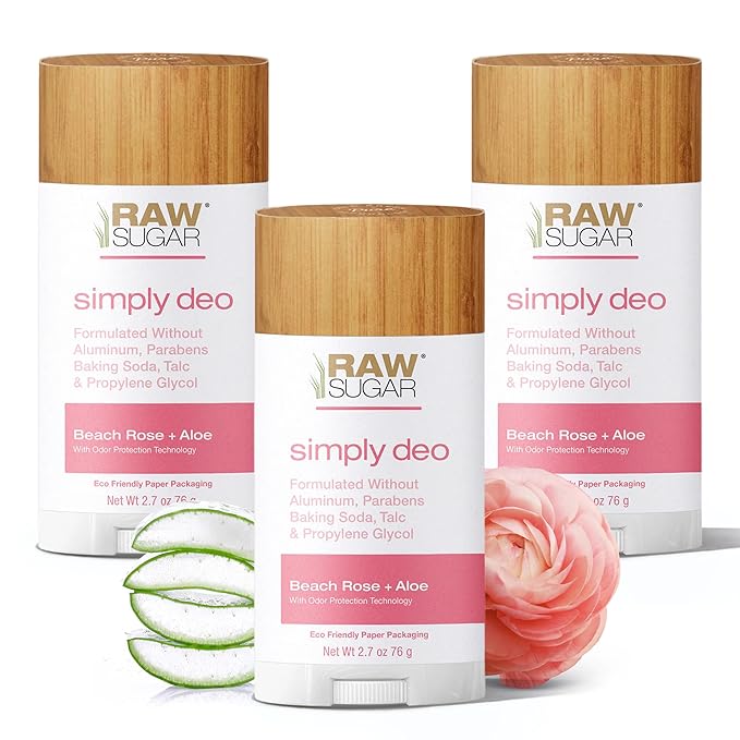 RAW SUGAR Aluminum Free Deodorant Stick Simply Deo Bundle (Pack of 3) Whole Body Deodorant for Women &amp Men Clean Formulated without Aluminum Baking Soda Talc &amp Parabens Beach Rose + Aloe