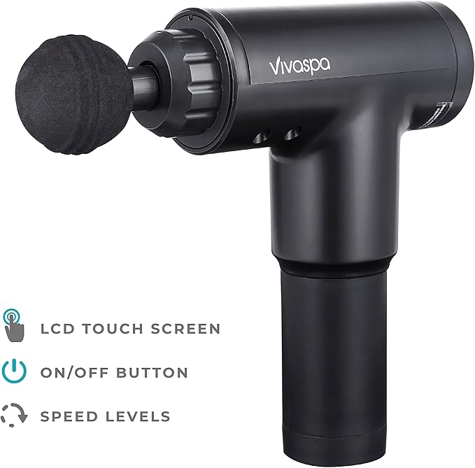 Vivitar - Vivaspa Deep Tissue Massage Gun Cordless Handheld Percussion Massager with LCD Display 4 Massage Heads 6 Speed Levels for Muscle Recovery (Black)