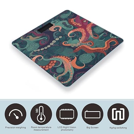 Abstract Octopus Scale for Body Weight High Precision Digital Weight Scales with LCD Display Anti-Slip Sturdy Slim Tempered Glass Bathroom Scale for Home Use