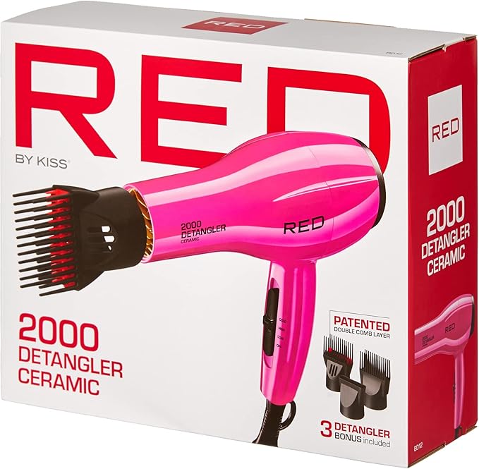 RED by KISS 2000 Ceramic Hair Dryer Professional Salon Blow Dryer 2 Detangler Pik Attachments Tourmaline Technology 3 Heat Settings Easy Storage Loop (Pink)