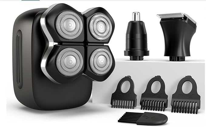 Pro Electric Head &amp Body Shaver - Mens Cordless Rechargeable Wet/Dry Skull Bald Head Back &amp Groin Waterproof Razor with Rotary Blades Clippers Nose Trimmer Brush Massager