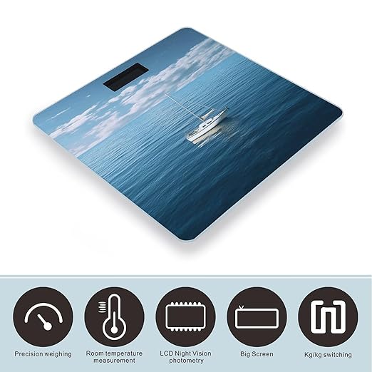 White Boat on Blue Sea Scale for Body Weight Anti-Slip Tempered Glass Digital Bathroom Scales Clear LCD Display Weighing Scale Safe Rounded Corners Smart Scales