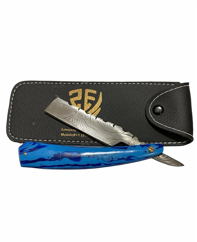 Hand Made Damascus Steel Straight Razor shaving razor folding knife Ready Classic Barber Blade Edge Men Straight Razor Be Close Shave Best Great Gift (Bule)