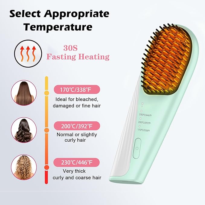 Go Brush Pro Cordless Hair Straightener Brush - Portable Travel-Friendly 30s Quick Heat 10000mAh USB-C Rechargeable 150M Negative Ions (Green(10000mAh))