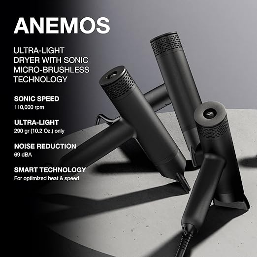Elchim Anemos Hair Dryer - Ultra-Light Quiet Professional Micro-Brushless Digital Motor For All Hair Types