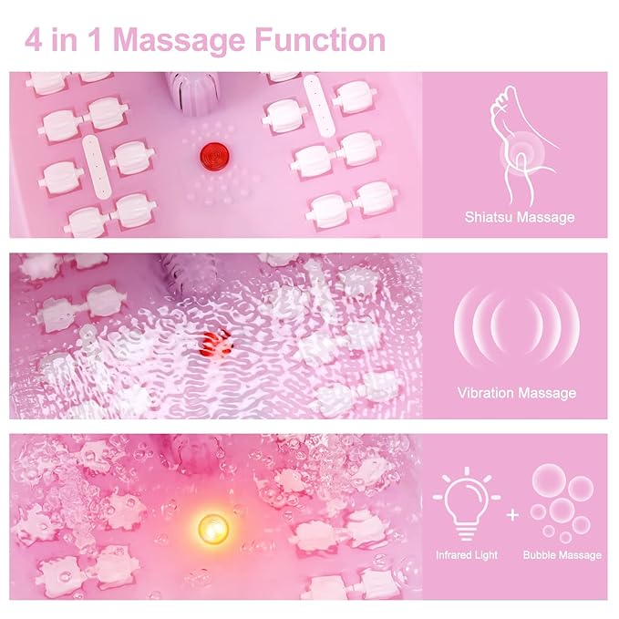 Foot Spa Bath Massager with Heat Bubbles and Vibration Massage and Jets 16 OZ Calming Lavender Foot Soak Epsom Salt Foot Soaker with Red Light 22 Massage Rollers Adjustable Temp - Pink