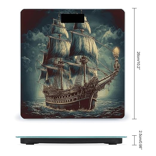 Nautical Vintage Sailing Pirate Ship Scale for Body Weight Anti-Slip Tempered Glass Digital Bathroom Scales Clear LCD Display Weighing Scale Safe Rounded Corners Smart Scales