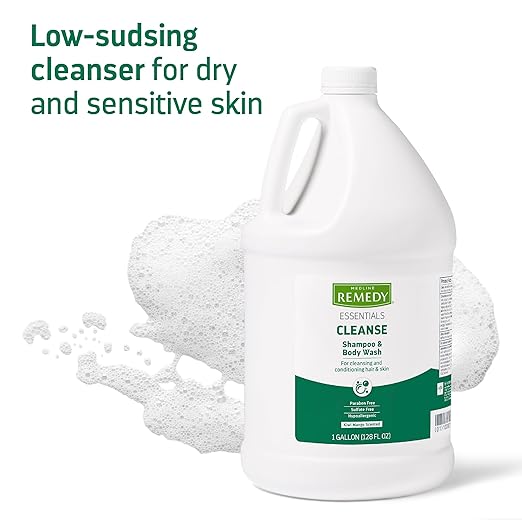 Medline Remedy Essentials Shampoo &amp Body Wash (128 oz) 4 Count Kiwi Mango Scent Full Body Gel Cleanser with Aloe Refill Size Sulfate Free For Men &amp Women Incontinence Care Bedside Clea