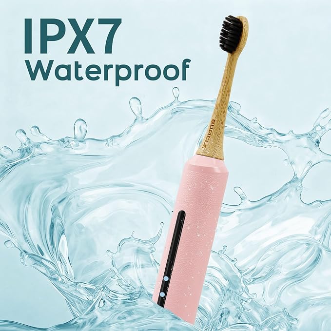 Bamboo Electric Toothbrush for Adults丨Rechargeable Electric Toothbrush with 3 Non Toxic Charcoal Infused Bamboo Brush Heads 5 Cleaning Modes 60 Days Battery Life IPX7 Waterproof-Pink