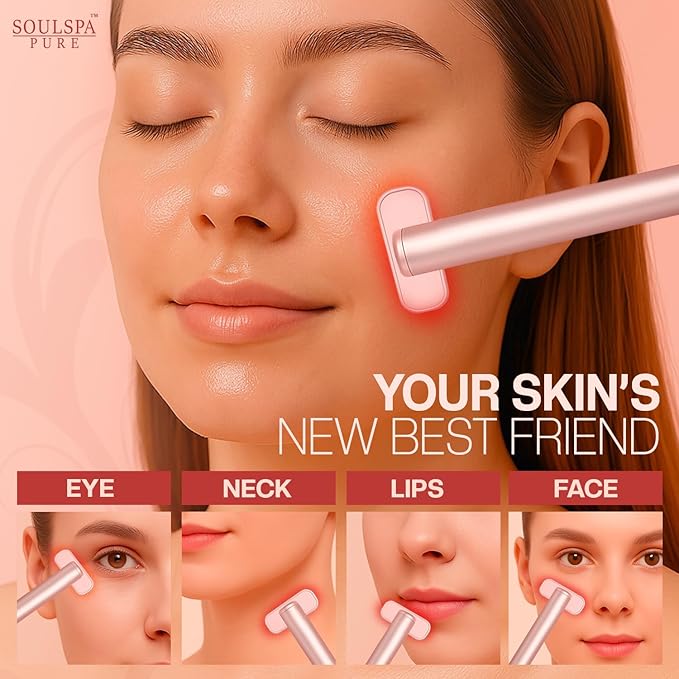 Face Massager 7 in 1 LED Red Light Wand for Face Neck &amp Eye – Rose Gold with Activating Serum | Portable Skincare Device Rechargeable Beauty Tool