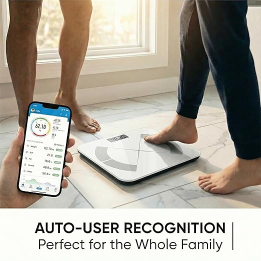 Smart Body Scale - Bluetooth Bathroom Scale with 18 Body Metrics &amp Trend Tracking Thickened I-Beam Design Large Tempered Glass 400 lbs Capacity (White)