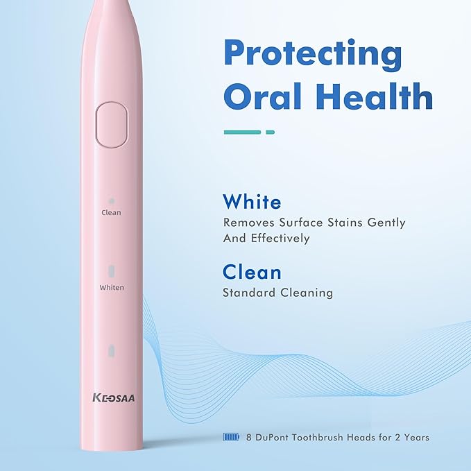 Pink Electric Toothbrush with 8 Brush Heads Sonic Toothbrush with Fast Charge 4 Hours Last 60 Days 2-Min &amp 30s Smart Timer IPX7 Waterproof(Pink)