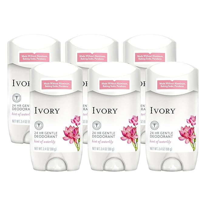 Ivory Aluminum Free Deodorant Hint of Waterlily 24hr Gentle Deodorant Dermatologist Tested Gentle on Skin Baking Soda Free Paraben Free 2.4oz (Pack of 6)