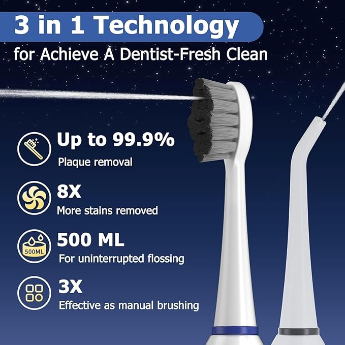 Electric Toothbrush with Water Flosser Upgraded 2.0 Electric Toothbrush for Adults 5 Floss Speeds &amp 3 Modes with 3 Brush + 1 Nozzle 500ML Tank IPX7 Waterproof for Braces &amp Gum Care - White