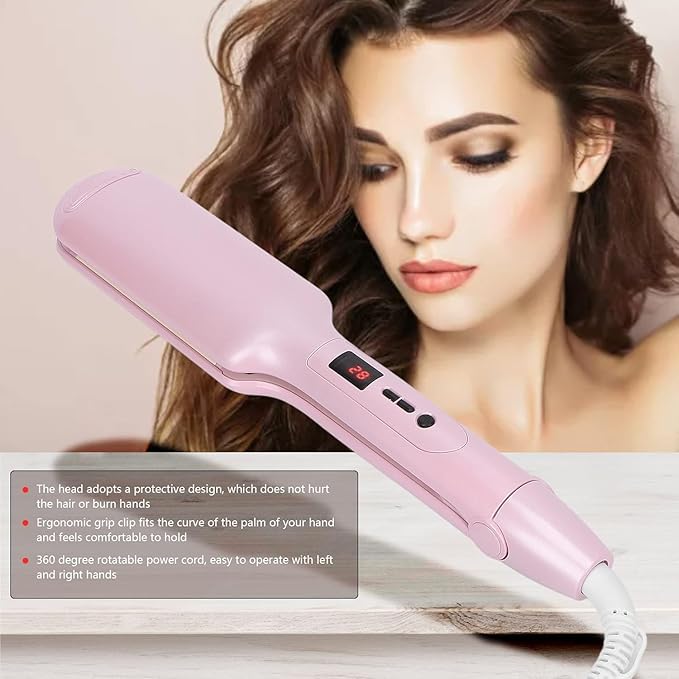 Hair Crimper- Beach Wave Hair Waver with Anti-Scald &amp Negative Ion Technology Ceramic Barrel for Tangle-Free Waves on All Hair Types Pink