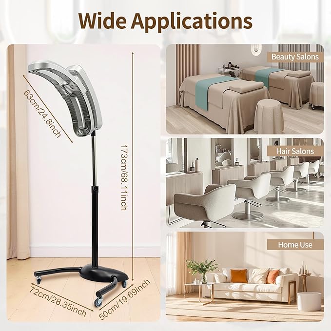 Vertical Hairdressing Heater Hair Color Processor Heating Stand with Wheels Adjustable Height Temperature Time Standing Hair Dryer Vertical Cold Iron Hair Dryer Adjustable Angle(45° 90° 180°)