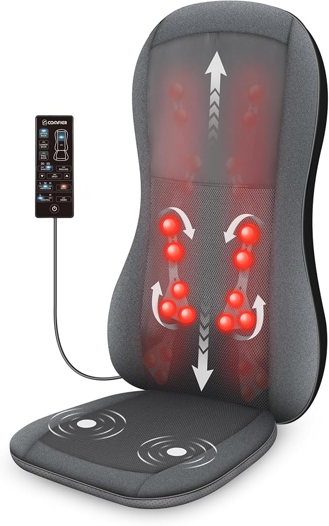 COMFIER Shiatsu Full Back MassagerMassage Chair Pad with Heat2D/3D Massage Seat CushionChair Massager with 10 Shiatsu Nodes Rolling Kneading Chair Pads for Lower BackGift for MenWomen