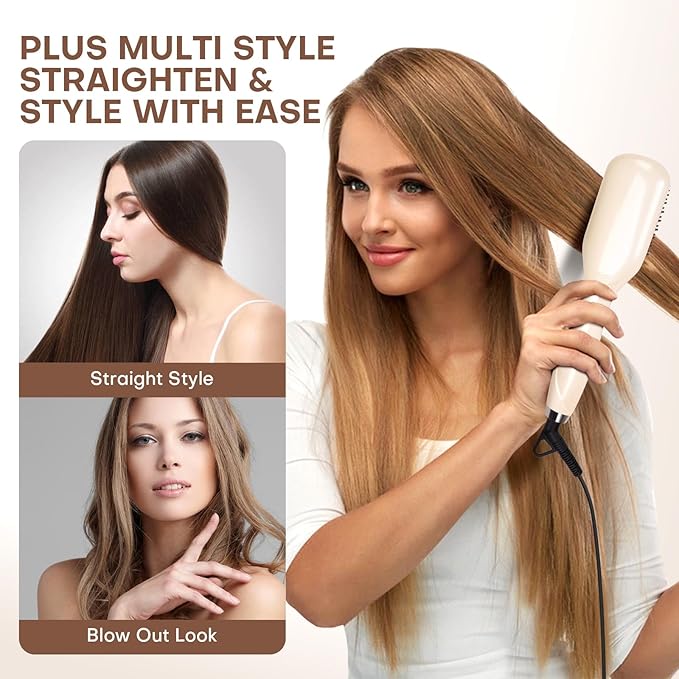 Hair Straightener Brush- Hair straighteners for Women Ceramic Ionic Straightener Comb with Less Frizz | 20s Fast Heating | 2 in 1 Flat Iron Brush Dual Voltage Travel Champagne