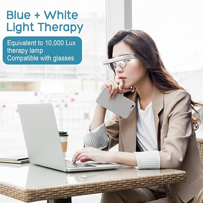 Light Therapy Glasses Blue-White UV-Free Light Therapy Lamp Portable Daylight Lamp Wearable Sunlight Lamp Boost Energy Relief for Sleep Problems Jet Lag Equivalent to 10000 Lux