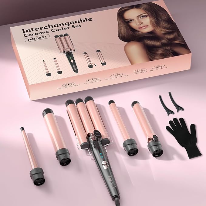 Curling Iron Set Professional 5 in 1 Curling Wand with 3 Barrel Hair Waver Dual Voltage Hair Curler Instant Heating Temp Adjustment for Wavy/Air Bang/Ringlet/Spiral with Heat Resistant Glove