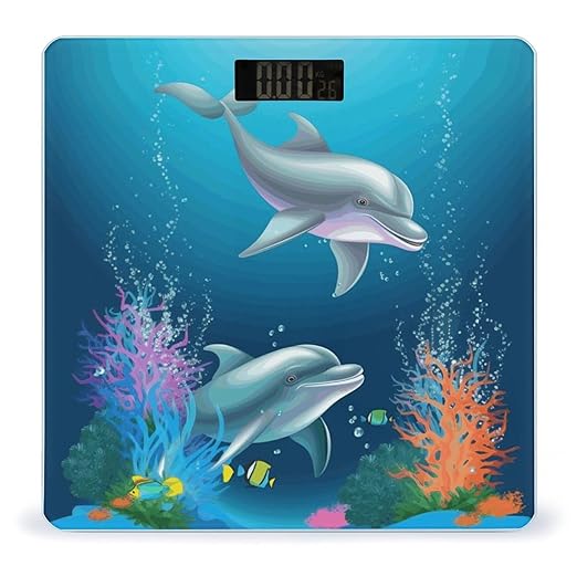 Dolphin and Fish Scale for Body Weight High Precision Digital Weight Scales with LCD Display Anti-Slip Sturdy Slim Tempered Glass Bathroom Scale for Home Use