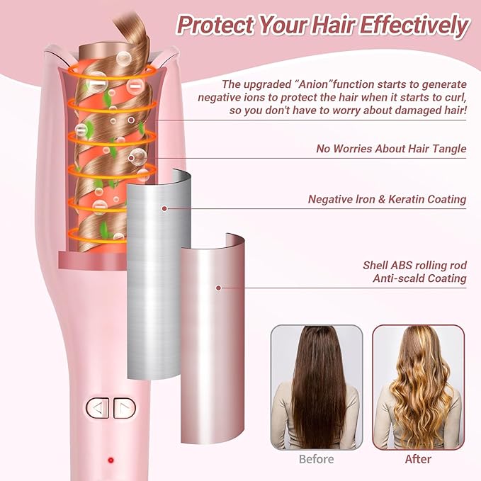 Hair Curler Automatic Rotating - Ceramic Curling Iron Automatic with 17 Temps &amp 3 Timer Settings &amp 1 Large Rotating Barrel Anti-Tangle/Scald (Pink)