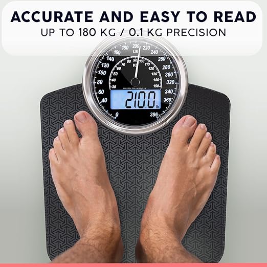 Adamson Hybrid 2-in-1 Analog &amp Digital Weighing Scale for Body Weight up to 400lbs - Thick Tempered Glass - Extra Large Display - Easy to Read Digital Bathroom Scale - New Version - Black Matrix