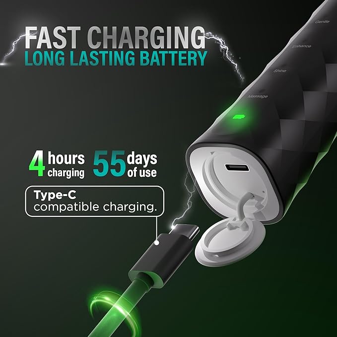 GuruNanda Pressure Sonic 2.0 Electric Toothbrush with Butter On Gums Bristles – Smart Pressure Sensor 5 Modes 2-Min Timer 55-Day Rechargeable Battery IPX7 Waterproof Black