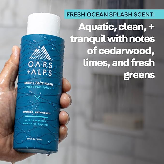 Oars + Alps Men's Moisturizing Face &amp Body Wash Body Wash with Vitamin E and Antioxidants Sulfate Free Fresh Ocean Splash 3pk