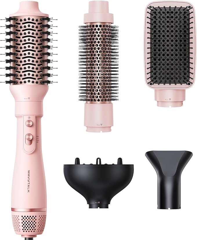 Blow Dryer Brush Set Wavytalk Air Sculpt 5-in-1 Hot Air Brush Set Multi Hair Styler for Salon Blowouts Smooth Curls Volumizing and Straightening Sleek and Less Frizz Pink