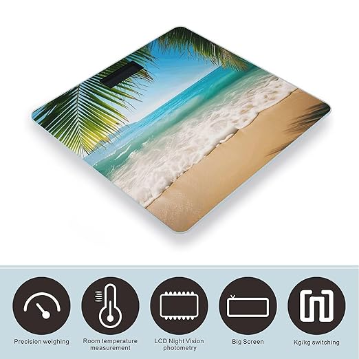 Ocean Sea Beach Palm Leaves Bathroom Scale Large LCD Backlight Display Digital Scale Rounded Corners Body Scales Automatic Power On/Off Bathroom Scales for Home Bedrooms