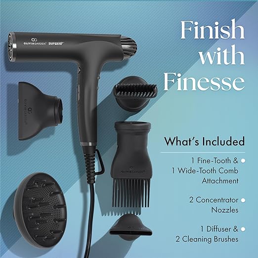 Olivia Garden 1875W SuperHP Professional Hair Dryer for All Hair Types - Quiet Fast Drying Blow Dryer - Powerful Ionic Generator - 5 Attachments Including 2 Comb and 1 Diffuser Attachments