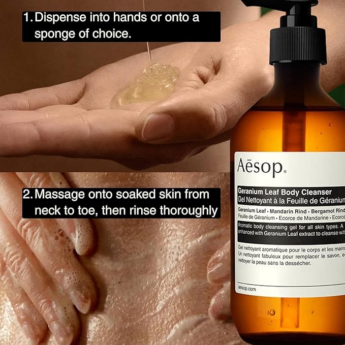 Aesop Geranium Leaf Body Cleanser | Gentle Shower Gel with Geranium Mandarin and Bergamot Essential Oil Blend to Refresh &amp Balance Skin | 500 mL / 16.9 oz (Pack of 3)
