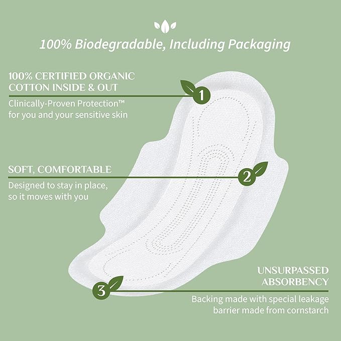Organyc - 100% Certified Organic Cotton Inside and Out Feminine Pads Sanitary Napkin 40 Count Heavy Flow New Larger Size Packaging