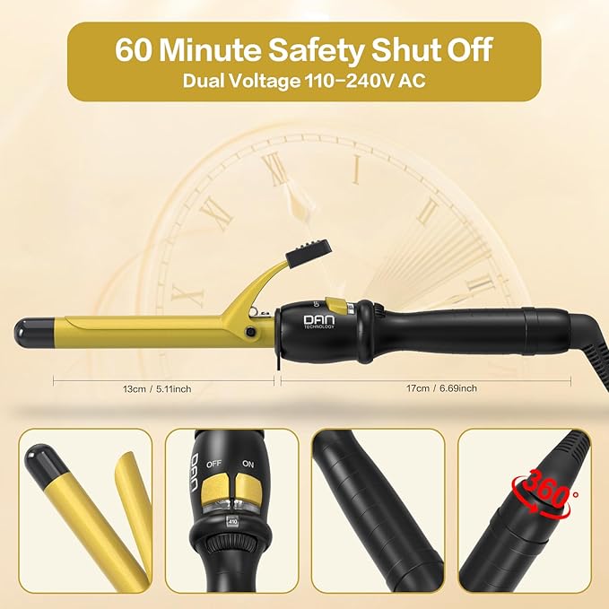 DAN Technology 3/4 Inch Curling Iron Wand for Classic Natural Curls Tourmaline Ceramic Hair Curler with 180°F–430°F Adjustable Temperature Fast Heating Dual Voltage Auto Shut-Off Black &amp Gold