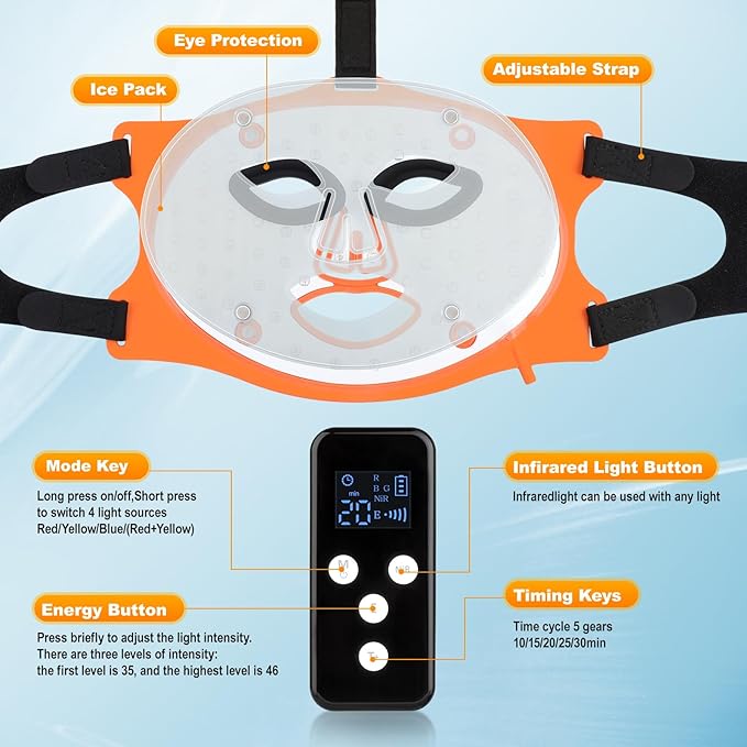 Red Light Therapy for Face Mask with Ice Compress 850nm Infrared Red Light Therapy 7+1 Light Modes Led Face Mask Light Therapy Level 5 Timing 3000mAh Led Mask Light Therapy for Home Orange