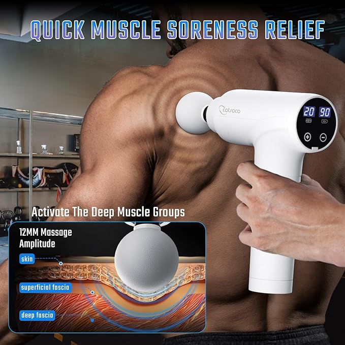 cotsoco Massage Gun Deep Tissue Muscle Massage Gun with 9 Attachment Heads 20 Speeds &amp Silent Brushless Motor for Pain Relief Handheld Percussion Back Massager Gun for Athletes(White)