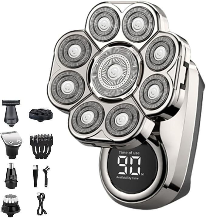 Bawldy Pro Head Shaver 9D Floating Blade Heads Intelligent LED Display IPX7 Waterproof Wet Dry Shaving Rechargeable Cordless Razor(1 Set Silver)